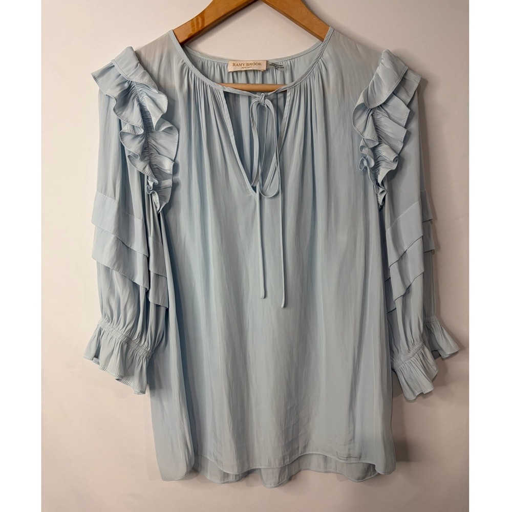 Ramy Brook Samira Ruffle Blouse Womens M Tiered Sleeve V-Neck Tie Satin Fairy